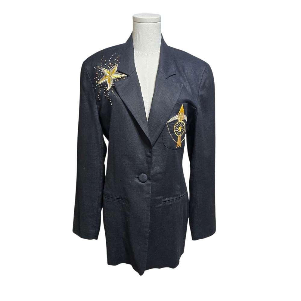 Vintage Adam Douglass for Adrianna Papell Linen Embellish Blazer 80s 90s Black S